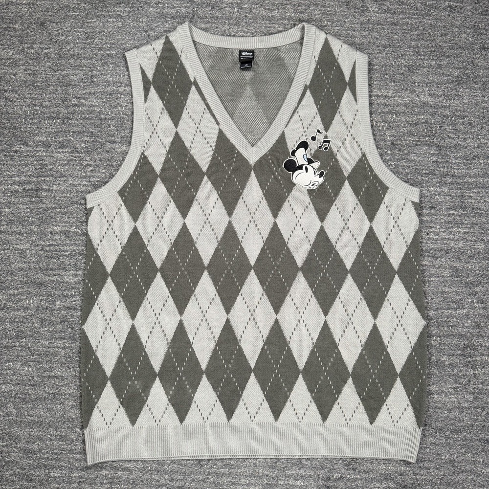 Disney Her Universe Mickey Mouse Steamboat Willie Argyle Sweater Vest Large Gray
